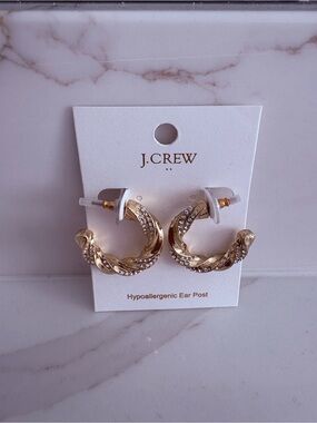 J. Crew Gold Twisted Hoop Earrings with Clear Crystals